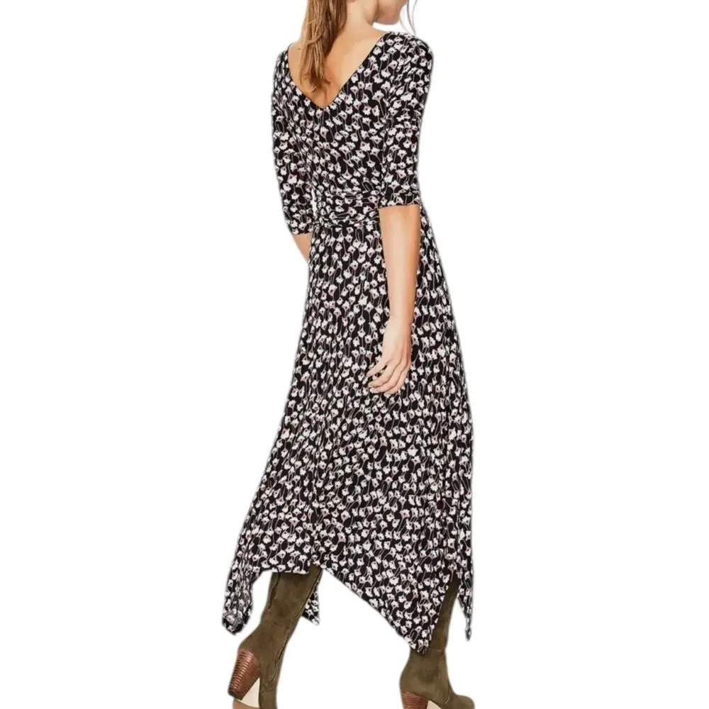 Boden Maisie Matte Jersey Midi Dress Black Floral Handkerchief Hem Ruched Size 8 - Picture 2 of 12